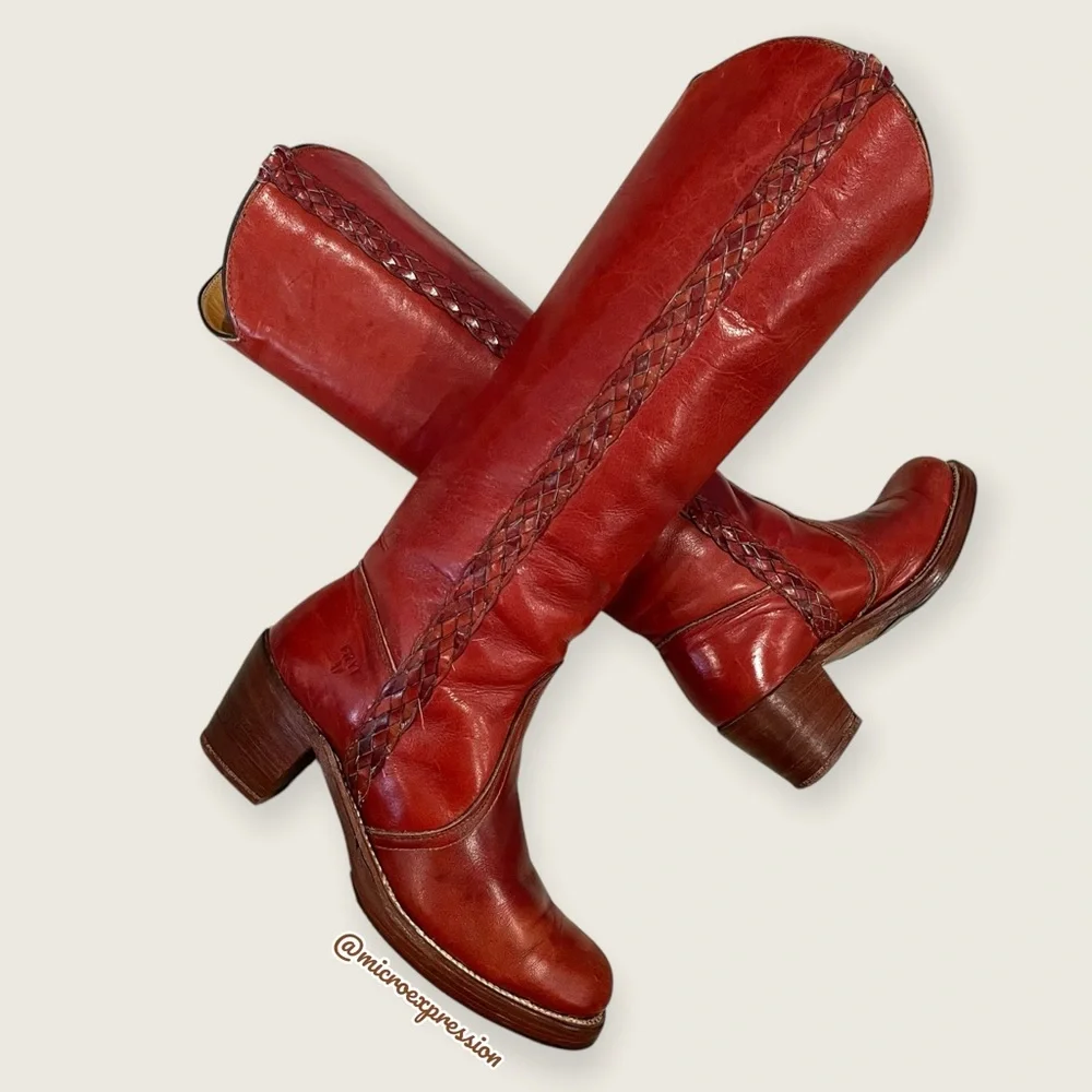 VINTAGE 1970s Frye Leather Red-Brown Leather Braided Knee High Block Heel Boot